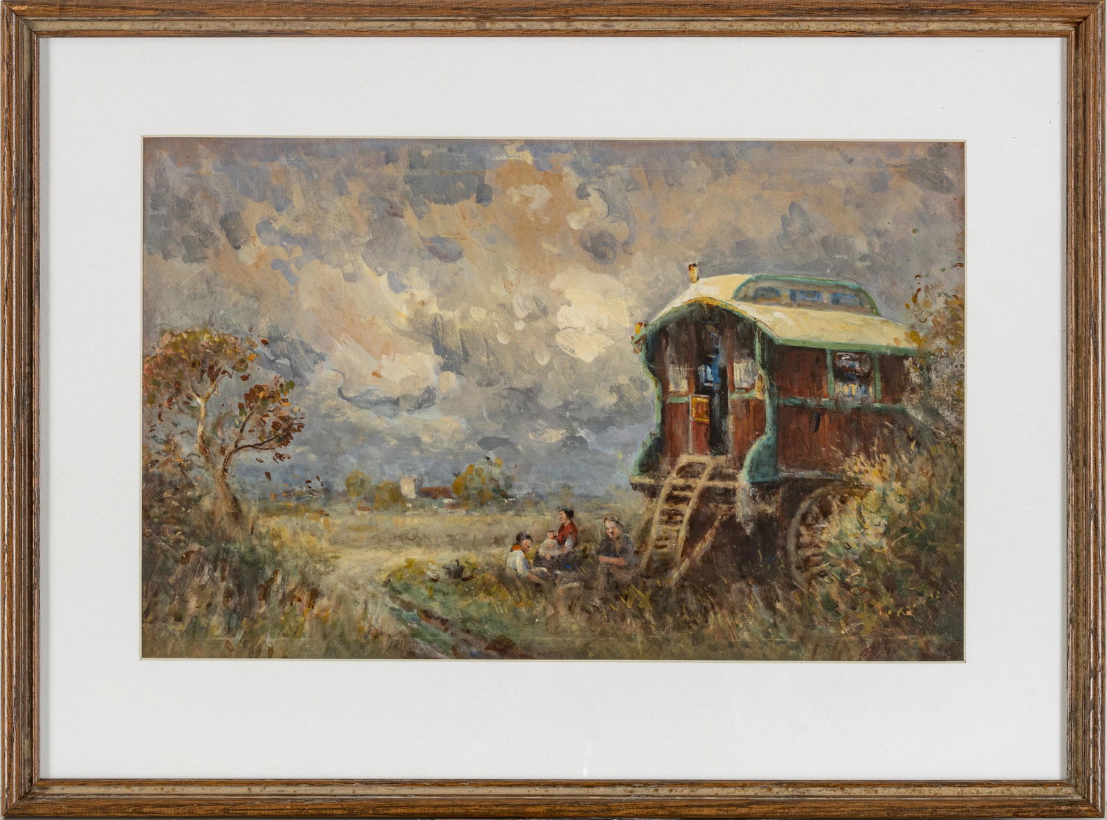 UNSIGNED GOUACHE ON PAPER, H 11", W 17", GYPSY WAGON (1 of 3)