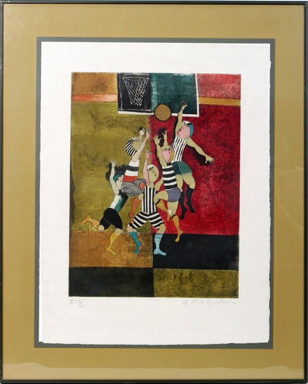 GRACIELA RODO BOULANGER LITHOGRAPH 19" X 15": GRACIELA RODO BOULANGER (B, 1935) LITHOGRAPH 19" X 15" "BASKETBALL":depicts young boys playing basketball; Pencil signed and edition numbered XLI/L. Framed, floated and matted under glass.