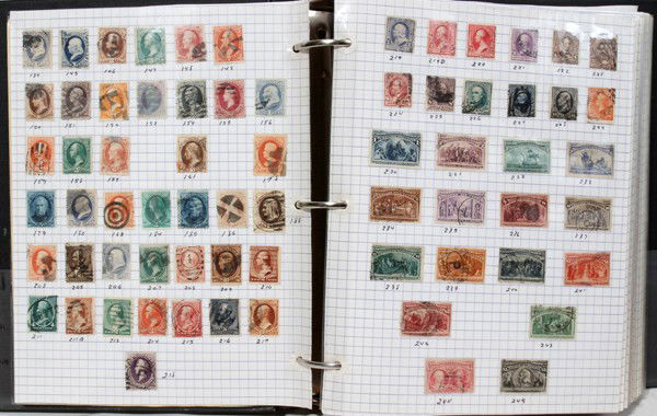 US STAMP ALBUM COLUMBIAN ISSUES, CANCELED,: US STAMP ALBUM COLUMBIAN ISSUES, CANCELED, HINGED, SINGLES:Scott #1, (10 or11), 24, 115, 120, 121, 230-245, 295 train,