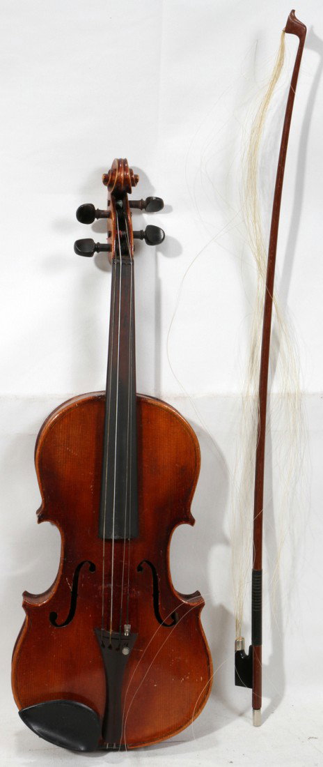 CZECH, ANTONIUS STRADIVARIUS REPRO VIOLIN: CZECH, ANTONIUS STRADIVARIUS REPRODUCTION VIOLIN, BOW & CASE, C. 1920:includes violin, bow and case. 'Antonius Stradivarius Copy Made In Cxecho-Slovakia' printed on label in chamber; includes fitted c