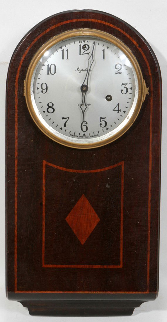 INGRAHAM EIGHT-DAY MAHOGANY WALL CLOCK, H 16": INGRAHAM EIGHT-DAY MAHOGANY WALL CLOCK, H 16":having an arched top; diamond pattern and narrow border, fruit wood inlays on front of case; inscribed on bottom of face: 'Made In Bristol, Conn. U.S.A.';