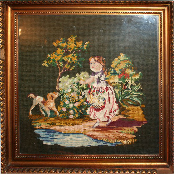 NEEDLEPOINT FRAMED PICTURE, C1920, H 24", W 24": NEEDLEPOINT FRAMED PICTURE, C1920, H 24", W 24":depicts a young girl with dog; carved gilt wood and gesso frame; From the Estate of Irene Citron, West Bloomfield