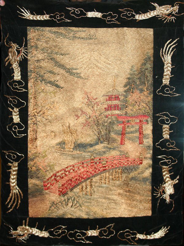 JAPANESE SILK WALL HANGING, H 36", W 18": JAPANESE SILK WALL HANGING, H 36", W 18":having a black border with crawfish, a river scene with a man in a boat, red bridge and pagoda with hanging rod.