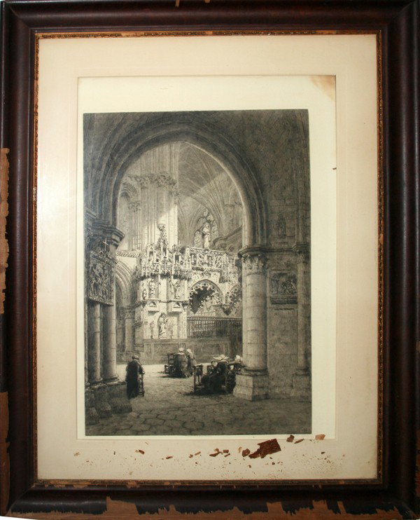 AXEL HAIG, ETCHING, C. 1910, CATHEDRAL INTERIOR: AXEL HAIG, ETCHING, C. 1910, 23" X 16", CATHEDRAL INTERIOR:depicts nuns and clergy praying in cathedral; From the Estate of Walter Lincoln Fry, Industrialist and global trader. (Fry Glass).