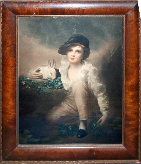 COLOR LITHOGRAPH, 18" X 14", BOY AND RABBIT: COLOR LITHOGRAPH, 18" X 14", BOY AND RABBIT:unsigned; depicts young boy and white rabbit; mounted in a burl wood frame under glass; From the Estate of Walter Lincoln Fry, Industrialist and global trad