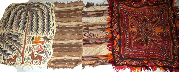 MIDDLE EASTERN FLOOR COVERINGS, SIX: MIDDLE EASTERN FLOOR COVERINGS, SIX:Sizes include: 42" x 53", 45" x 32", 44" x 22", 59" x 26 1/2" (it's a partial piece/has been cut) and two runners at 87" x 21 1/2" and 89" x 23". Each of various st