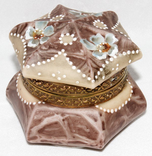 C.F. MONROE 'KELVA' GLASS DRESSER BOX, C. 1904,: C.F. MONROE 'KELVA' GLASS DRESSER BOX, C. 1904, H 3", DIA 3 1/2":Hexagonal glass dresser jar with hinged lid, the exterior enameled with flowers; stamped at the underside (see additional photo). The E