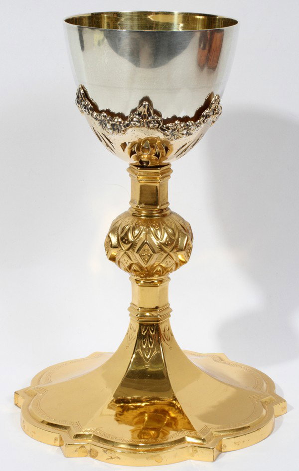 AMERICAN STERLING & GILT METAL CHALICE, H 8", : AMERICAN STERLING & GILT METAL CHALICE, H 8", W 6":Having a silver bowl, stamped "Sterling 9-1" on the underside atop of a gilt metal stem and base. No other markings are apparent. Approximately 5.74 