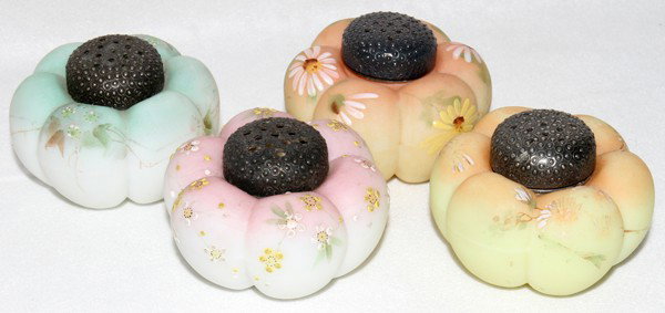 MT. WASHINGTON/PAIRPOINT ENAMELED GLASS SALT & : MT. WASHINGTON/PAIRPOINT ENAMELED GLASS SALT & PEPPER SHAKERS, C. 1890, FOUR, H 1 1/4", DIA 2 1/4":Each satin glass "tomato" shaker enameled with various floral motifs on peach, pink, yellow or light 