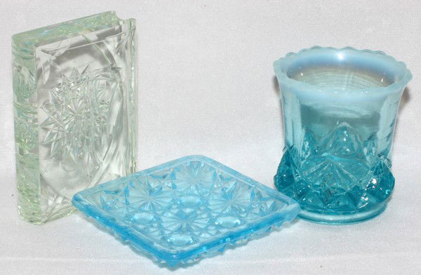 VICTORIAN PATTERN GLASS & PAPERWEIGHT, C. 1880: VICTORIAN PATTERN GLASS & PAPERWEIGHT, C. 1880, THREE PIECES:Including 1 book-form paperweight, L.3" x 2", 1 pattern glass toothpick holder, 19th c., H.2", and 1 daisy and button butter pat, Dia.2 1/2