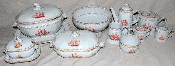 SPODE 'TRADE WINDS' PORCELAIN SERVING PIECES,: SPODE 'TRADE WINDS' PORCELAIN SERVING PIECES, TWELVE:Including 1 soup tureen, L.12", 1 platter, L.14" x 10", 1 coffee pot, 1 teapot, 1 creamer, 1 covered sugar bowl, 1 fruit bowl, Dia.10", 1 small bow