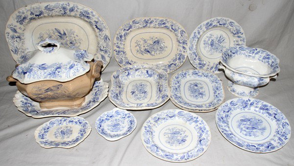 DAVENPORT STONEWARE CHINA 'BIRDS' DINNERWARE,: DAVENPORT STONEWARE CHINA 'BIRDS' DINNERWARE, C. 1850, 61 PIECES:Includes 7 serving pieces, 10 soup bowls Dia. 10", 23 dinner plates Dia. 10 1/4", 16 luncheon plates Dia 9 1/4", tureen (discolored) 12