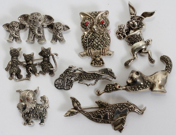 MARCASITE PINS, EIGHT: MARCASITE PINS, EIGHT:Totaling approximately 3.04 troy oz.