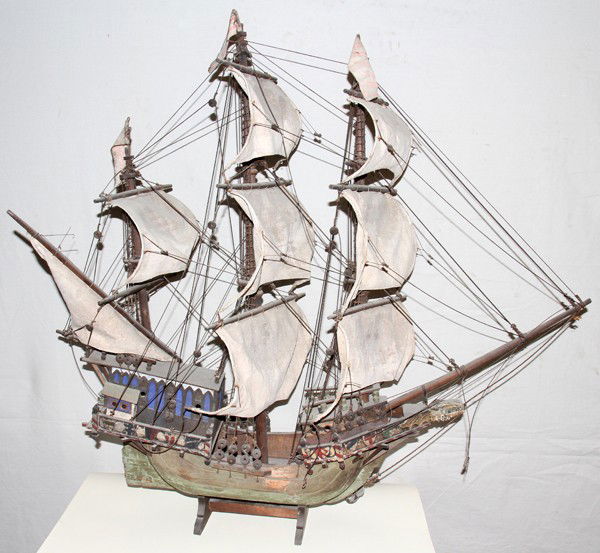 WOOD MODEL SHIP WITH CLOTH SAILS, C. 1920, H 37: WOOD MODEL SHIP WITH CLOTH SAILS, C. 1920, H 37", L 41":From the estate of Richard White, Grosse Ile, Mich.