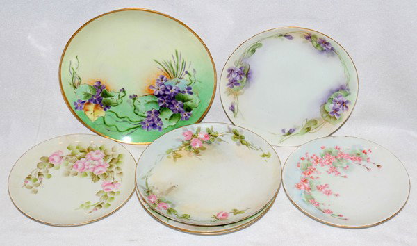 HAND-PAINTED PORCELAIN PLATES (14), C. 1910, : HAND-PAINTED PORCELAIN PLATES (14), C. 1910, DIA 6"-7 3/4":Hand-painted Bavarian porcelain plates, including a set of 6 plates with scalloped rims; many are signed.