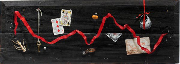 WILLIAM WARD BEECHER, TROMPE L' OIL/WOOD PANEL: WILLIAM WARD BEECHER, TROMPE L' OEIL ON BEVELED WOOD PANEL, 14" X 40", PLAYING CARDS WITH $5 BILL:Beecher - American 1921-2006. 14 1/2" X 40". Playing Cards with $5 Bill and Skelton Key.