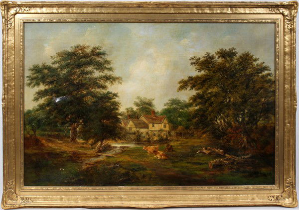 ROBERT BURROWS, OIL ON CANVAS, 24" X 36",: ROBERT BURROWS, OIL ON CANVAS, 24" X 36", A SUFFOLK FARMSTEAD: ENGLISH 1810-1883:Signed lower right 11" from edge. Registration 7515 Frost and Reed. Purchased at J. L. Hudson Co. painting gallery, Det