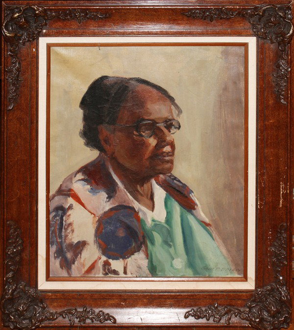 GRACE P. BRION, OIL ON CANVAS, 19" X 15 1/2",: GRACE P. BRION, OIL ON CANVAS, 19" X 15 1/2", PORTRAIT OF BLACK LADY: