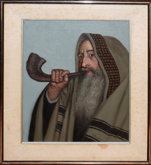 R. SZEYOVENKY, OIL ON CANVAS, 20" X 16", : R. SZEYOVENKY, OIL ON CANVAS, 20" X 16", BEDOUIN PLAYING SHOFAR:Signed. Shofar is ram's horn trumpet.