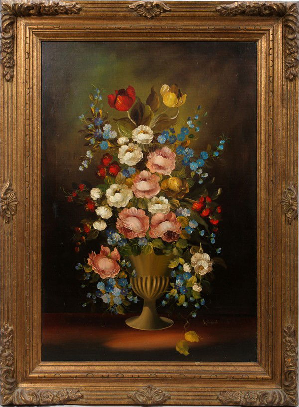 L. RUFFINI, OIL ON CANVAS 36" X 24" FLORAL: L. RUFFINI, OIL ON CANVAS 36" X 24" FLORAL STILL LIFE:Signed. Gilt wood frame. Label: Van Pelt Art gallery, Chicago.