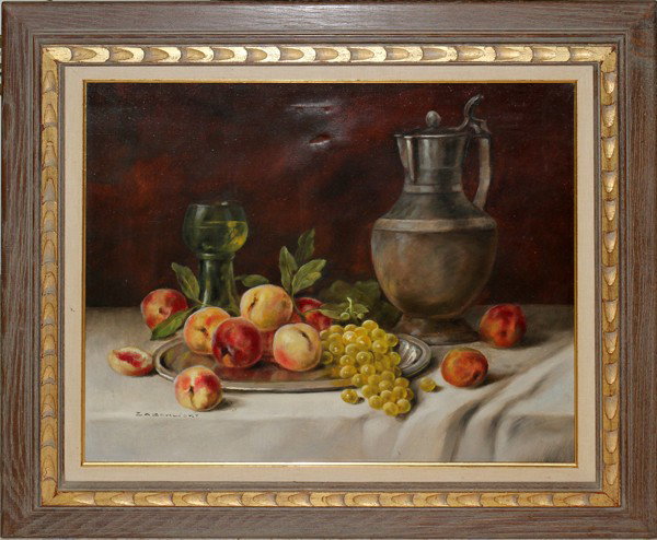 ZABEHLICKY, OIL ON CANVAS, AFTER 1950 20" X 24": ZABEHLICKY, OIL ON CANVAS, AFTER 1950, 20" X 24":Still life of fruit, tankard and wine goblet. Signed lower right. Framed. From the collection of Joseph and Norina Simon, Grosse Pointe Farms, Mi.