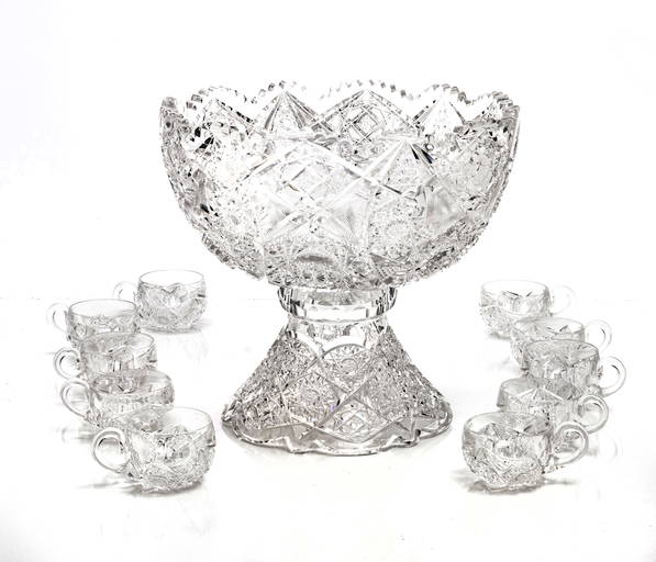 Brilliant Cut Glass Punch Bowl On Separate Base, 10 Cups C 1900 H 13