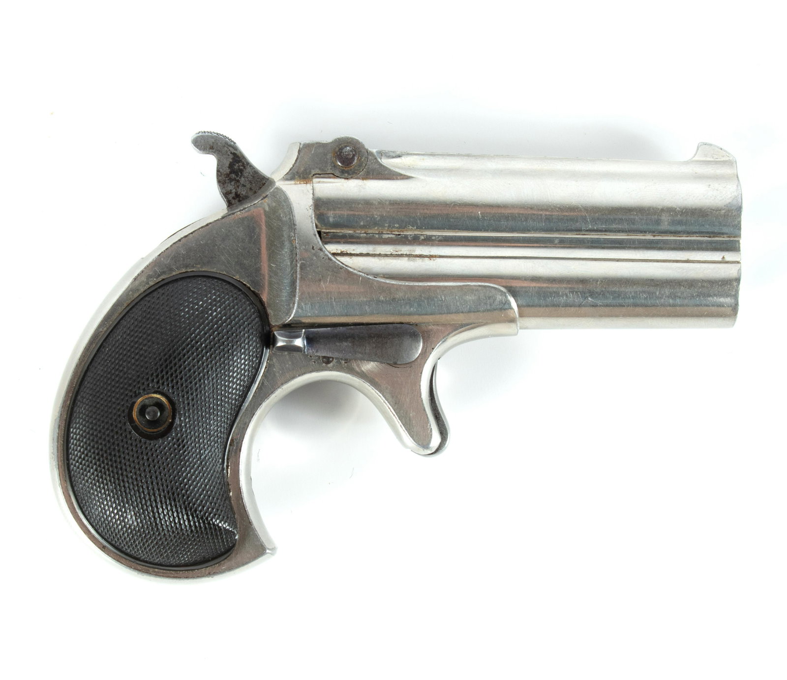 REMINGTON ARMS CO. MODEL 95 TYPE II DOUBLE DERRINGER, .41 CAL, C. 1888-1911, L 3" BARREL, SN 759: REMINGTON ARMS CO. MODEL 95 TYPE II DOUBLE DERRINGER, .41 CAL, C. 1888-1911, L 3" BARREL, SN 759 Nickel finish double derringer marked on the top rip 'Remington Arms Co. Ilion, N.Y.'. Having hard rubb