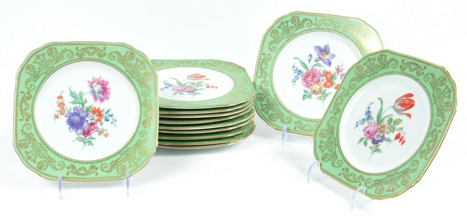 CZECHOSLOVAKIA "LRS" LUNCHEON PLATES, SET OF 12, W 8.25", SQUARE: CZECHOSLOVAKIA "LRS" LUNCHEON PLATES, SET OF 12, W 8.25", SQUARE Green border with floral center. Crown LRS Czechoslovakia, "Puls".