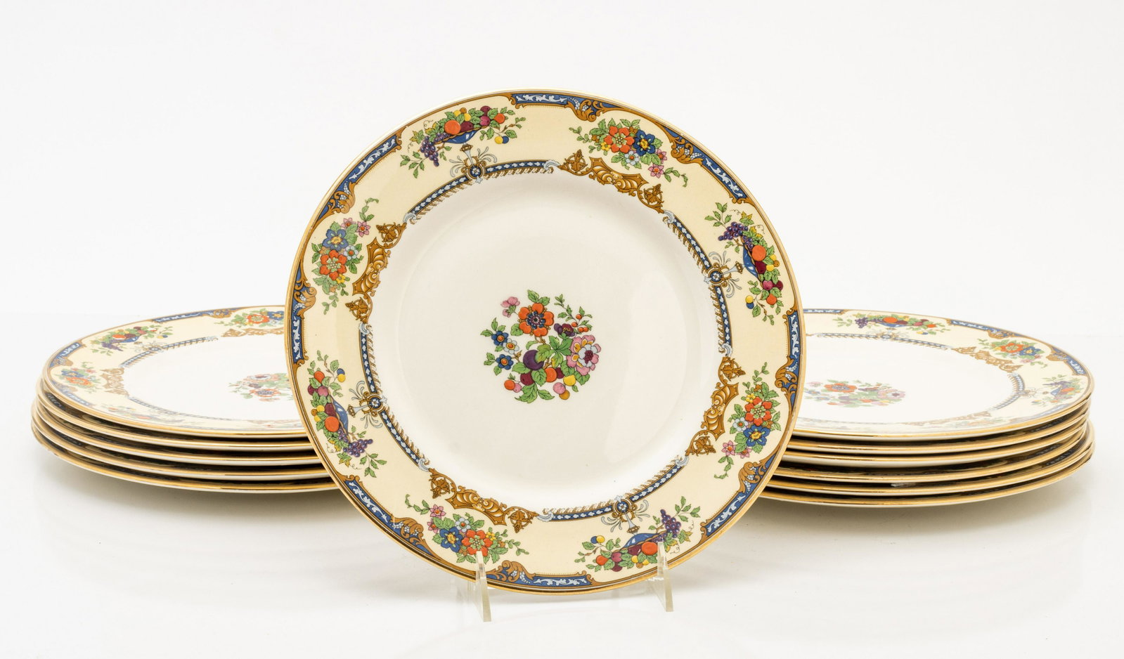 CROWN MYOTT SERVICE PLATES, SET OF 7 DIA 10 3/4", ENAMEL FLOWER DECORATION: CROWN MYOTT SERVICE PLATES, SET OF 7 DIA 10 3/4", ENAMEL FLOWER DECORATION Made in England.