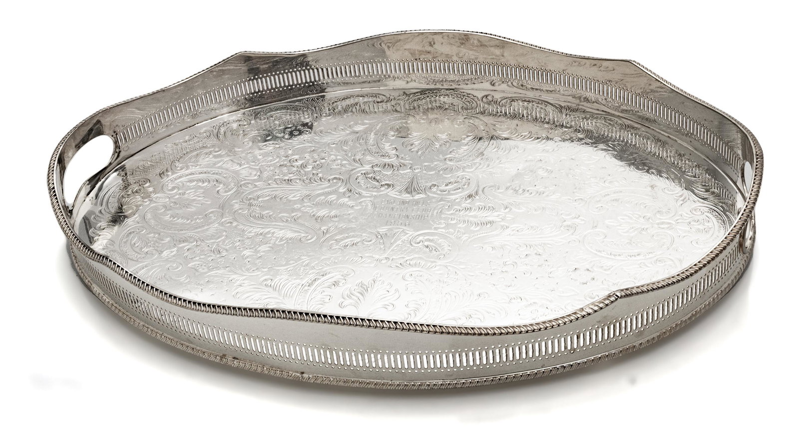 CHILDENHAM SHEFFIELD SILVER PLATE OVAL GALLERY TRAY H 18" W 13": CHILDENHAM SHEFFIELD SILVER PLATE OVAL GALLERY TRAY H 18" W 13" Hand chased. Engraved "Oakland Hills Country Club Championship 1956".