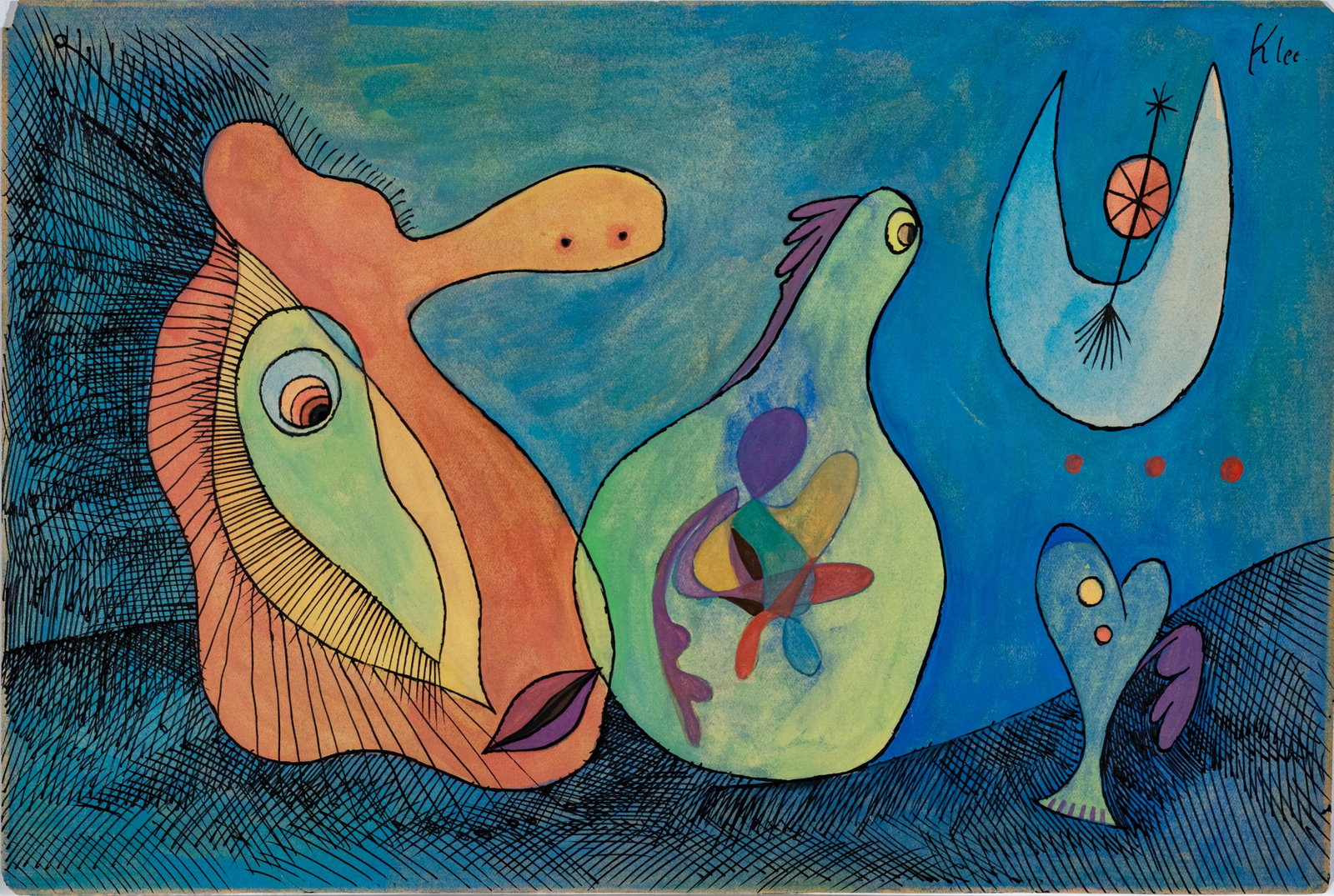 IN THE MANNER OF PAUL KLEE (GERMAN, 1879â€“1940) WATERCOLOR & INK ON PAPER, CIRCA 1930S H 8.25" W: IN THE MANNER OF PAUL KLEE (GERMAN, 1879â€“1940) WATERCOLOR & INK ON PAPER, CIRCA 1930S H 8.25" W 12.325" MIKROSKOPISHE LEBEN Artist's signature to the upper right "Klee". Provenance: David Peel 