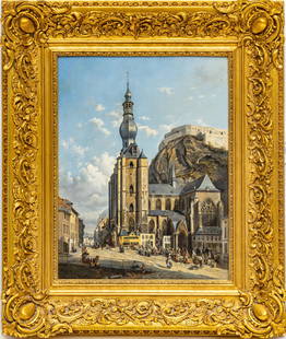 ATTRIBUTED TO EDWARD LADELL (BRITISH 1821-1886), OIL ON MAHOGANY PANEL, 1854, H 21", W 15.5", NOTRE: ATTRIBUTED TO EDWARD LADELL (BRITISH 1821-1886), OIL ON MAHOGANY PANEL, 1854, H 21", W 15.5", NOTRE DAME DE DINANT, BELGIUM A 19th century oil on beveled mahogany panel depicting the Notre Dame de Din