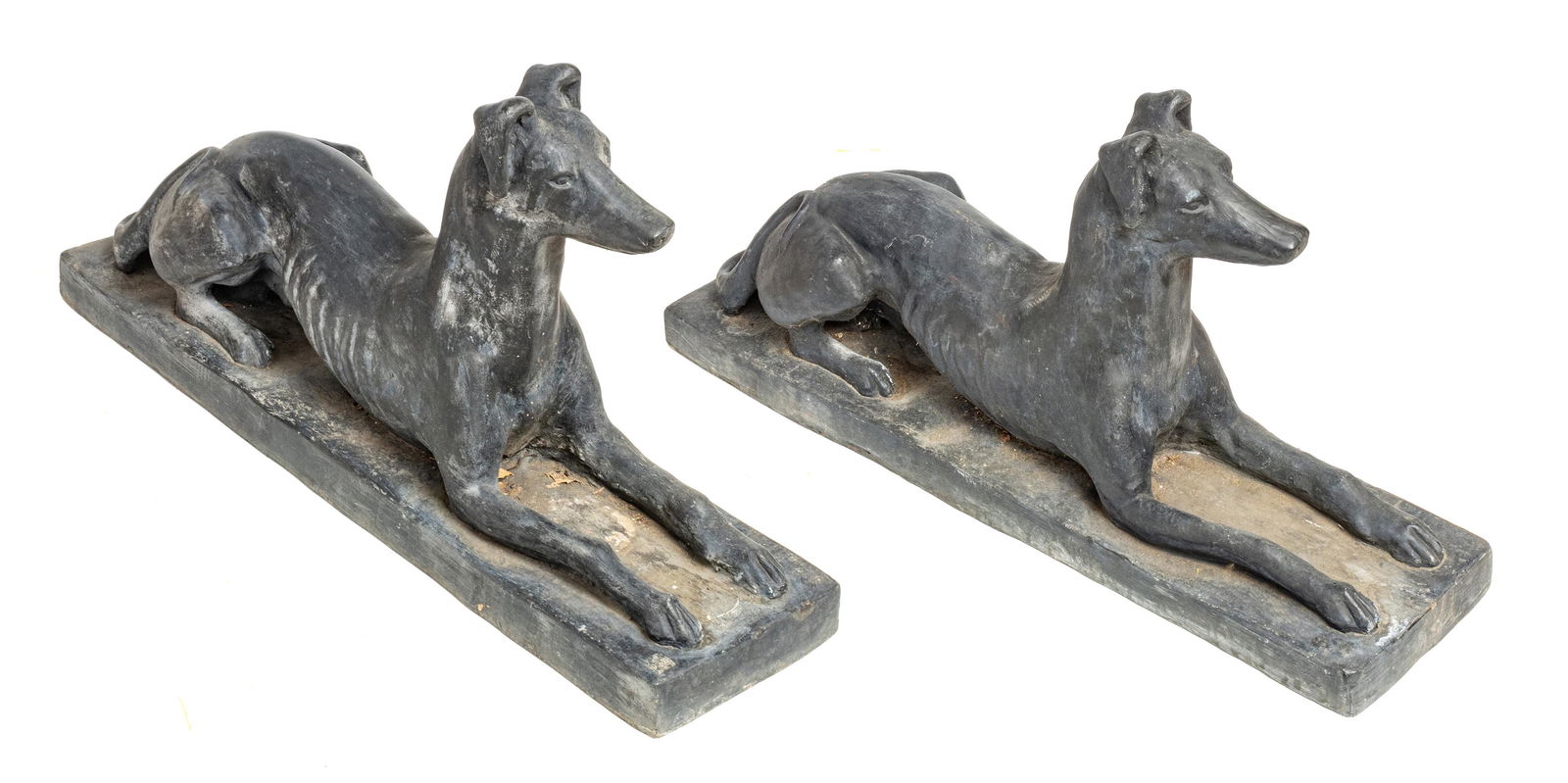 PAINTED FIBERGLASS GARDEN SCULPTURES, PAIR, H 19.5", L 40", SEATED WHIPPETS (1 of 3)