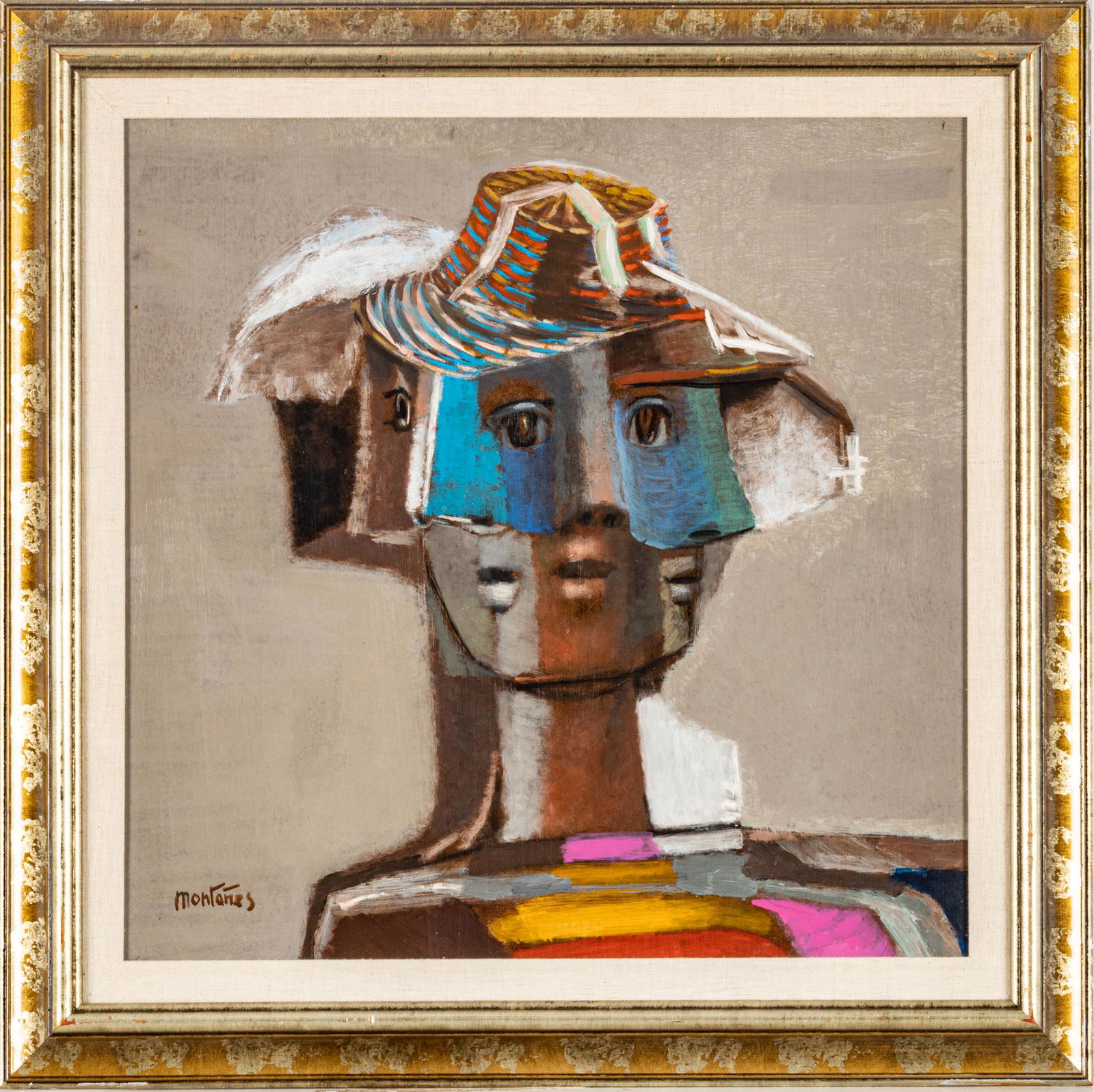 JOSE MONTANES (SPAIN/FRANCE, 1918-1998) OIL ON MASONITE, H 24", W 24", ABSTRACT PROFILE: JOSE MONTANES (SPAIN/FRANCE, 1918-1998) OIL ON MASONITE, H 24", W 24", ABSTRACT PROFILE An oil on masonite by Jose Montanes depicting an abstract profile portrait. Artist's signature to the lower left