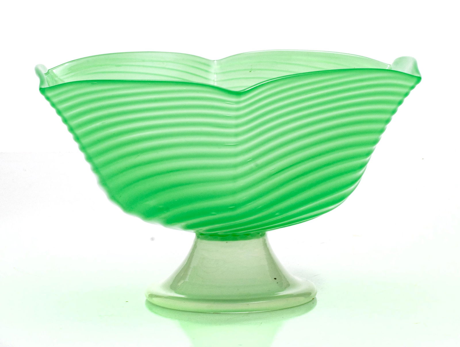 STEUBEN GREEN JADITE GLASS COMPOTE, H 3.75" DIA 6.25" (1 of 4)