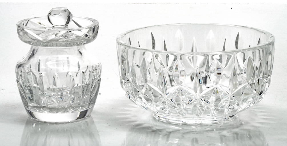WATERFORD CUT CRYSTAL CANDY DISH AND AN UNMARKED MUSTARD POT, TWO PCS