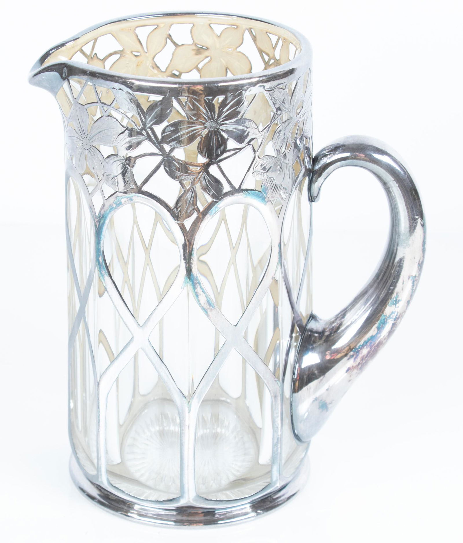 STERLING SILVER OVERLAY GLASS PITCHER, C 1930, H 7.25" L 6.5" (1 of 6)
