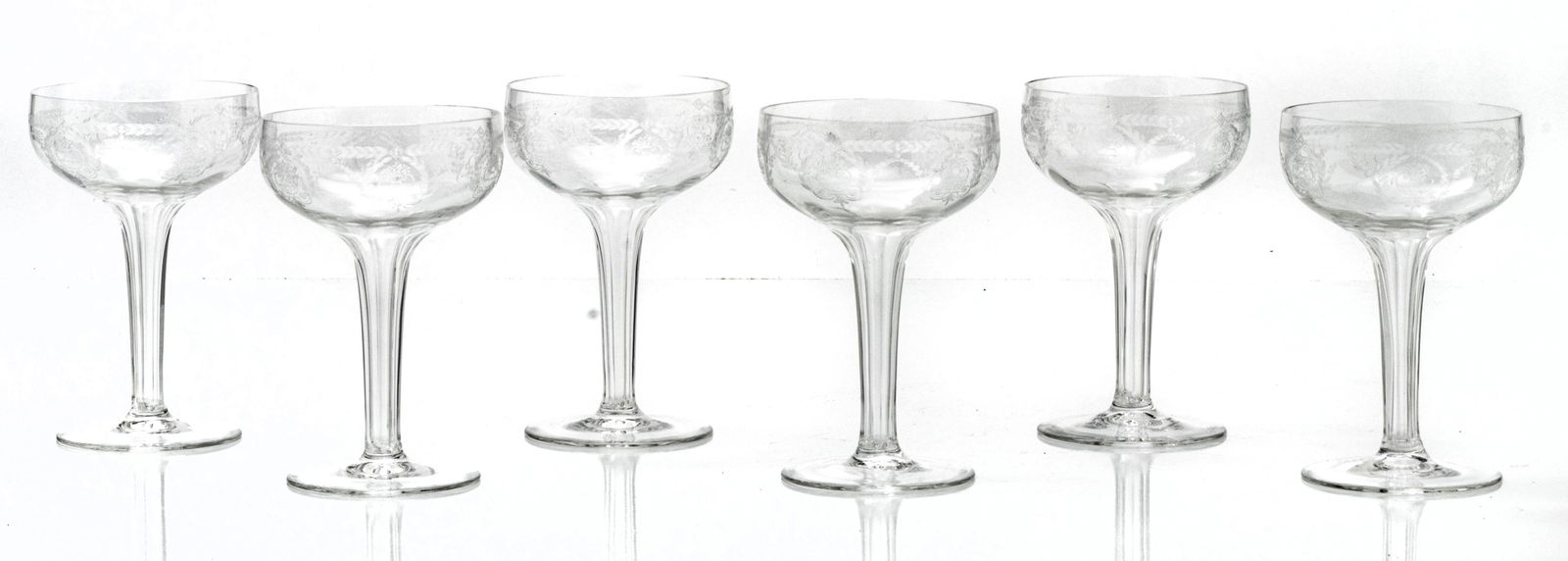 AMERICAN ETCHED GLASS HOLLOW STEM CHAMPAGNE GLASSES, C. 1940, H 5 3/8" DIA 3 1/2" (1 of 3)