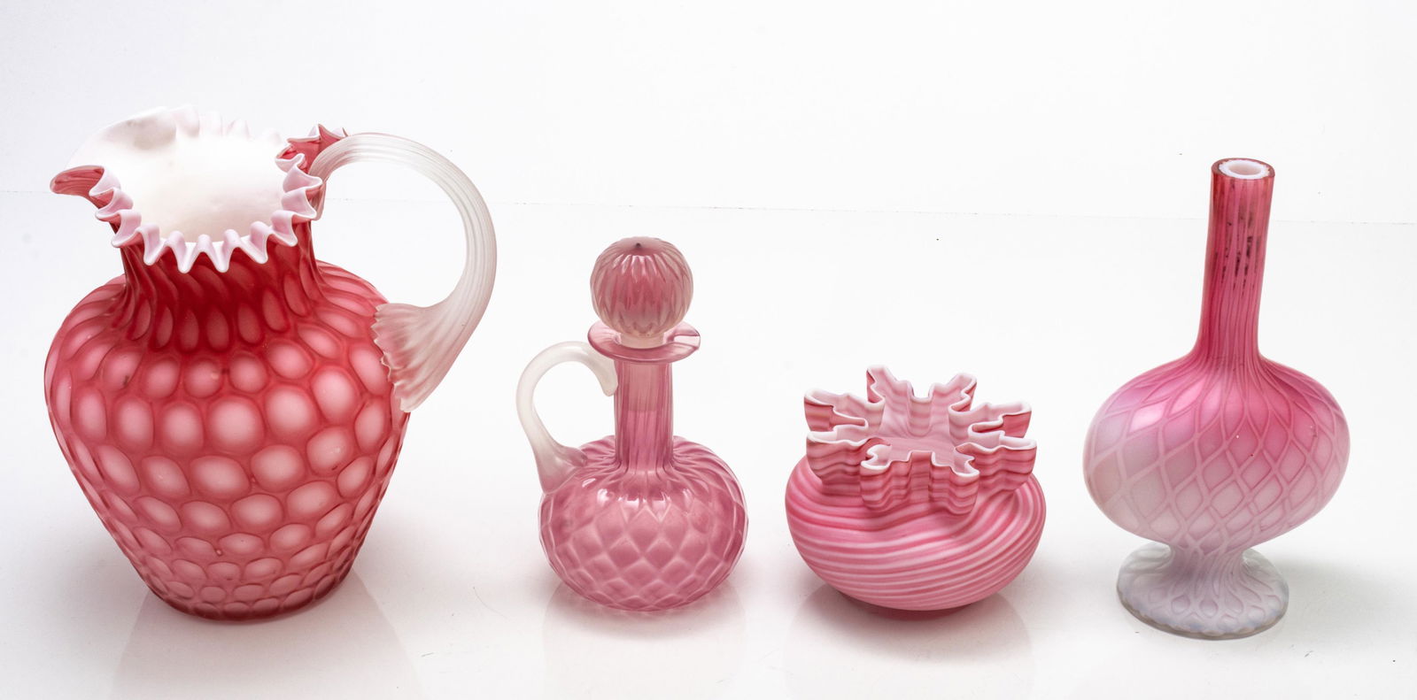PINK SATIN AND OPALESCENT GLASS GROUPING, FOUR PIECES, H 3" TO 7.75" (1 of 3)