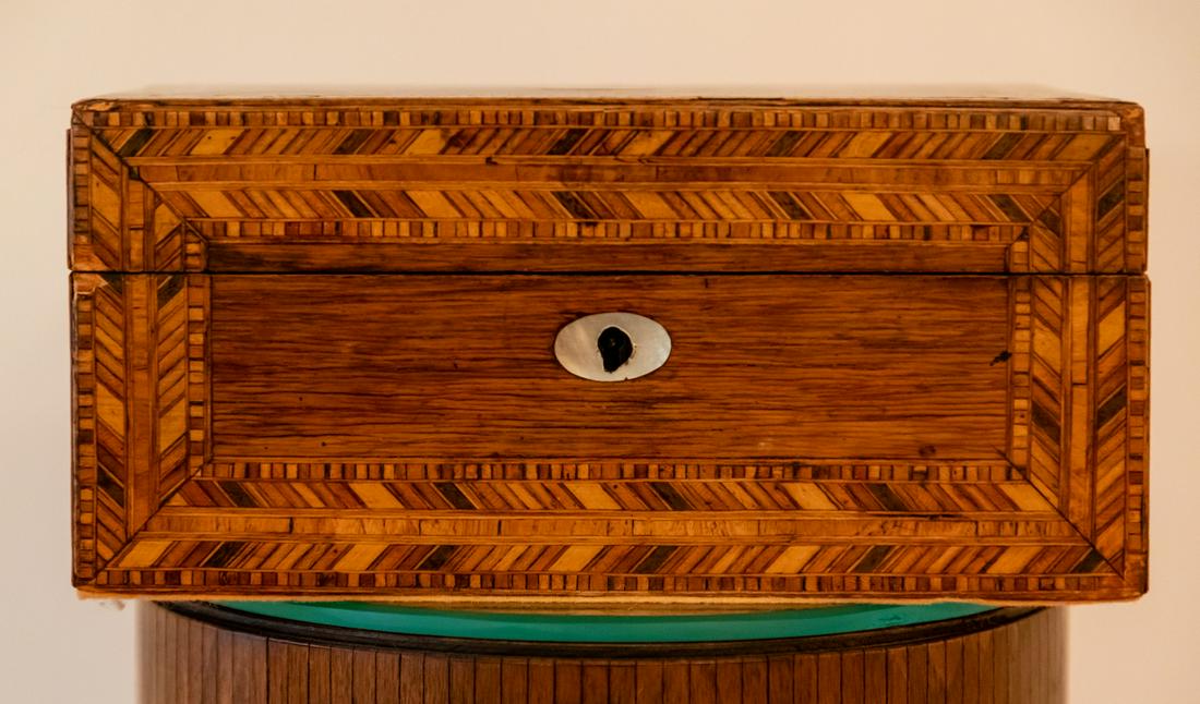 ENGLISH INLAID SEWING BOX, C. 1870S, H 4.75", W 10.25", D 7" (1 of 5)