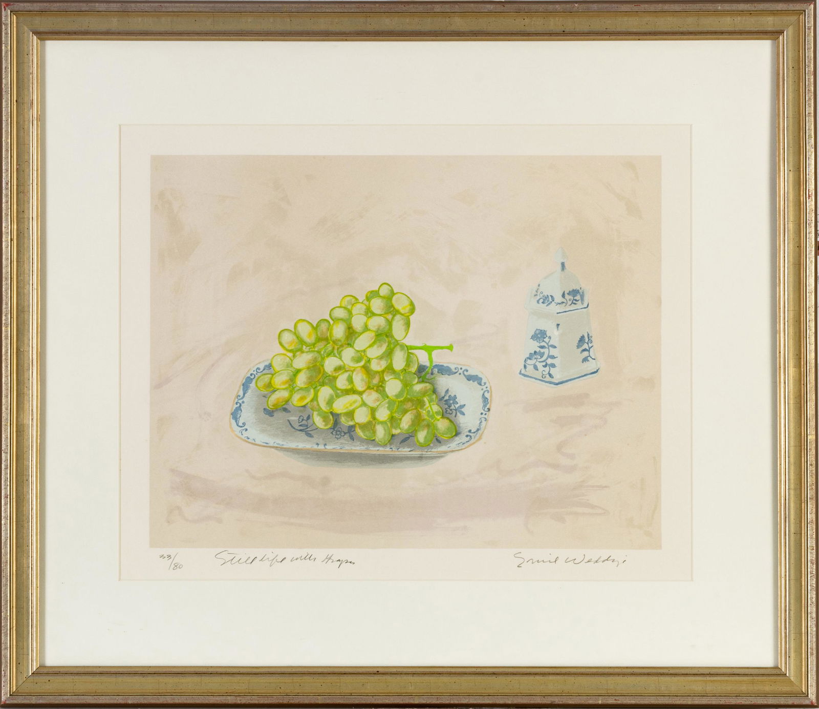 EMIL WEDDIGE (MICHIGAN, 1907-2001) COLOR LITHOGRAPH ON PAPER, H 15", W 19.5", STILL LIFE WITH GRAPES: EMIL WEDDIGE (MICHIGAN, 1907-2001) COLOR LITHOGRAPH ON PAPER, H 15", W 19.5", STILL LIFE WITH GRAPES A color lithograph titled "Still Life With Grapes" by Emil Weddige. Depicting a cluster of green gr