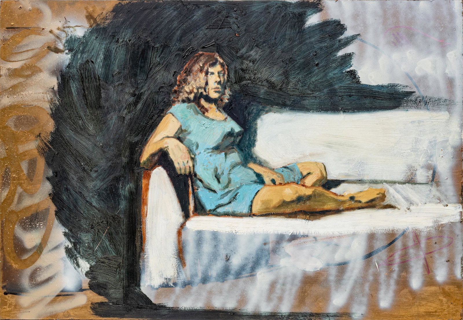 CONTEMPORARY OIL ON PANEL, H 22", W 32", RECLINING WOMAN: CONTEMPORARY OIL ON PANEL, H 22", W 32", RECLINING WOMAN A contemporary oil on panel mounted to masonite. Depicting a reclining woman seated on a white couch. Not framed. From the collection of Martin
