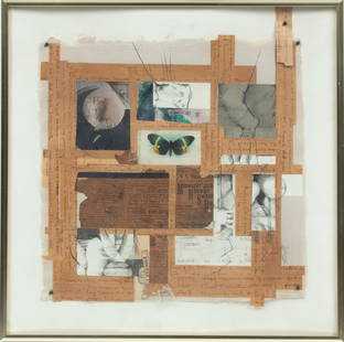 LARRY BELL, (MICHIGAN) INK, GRAPHITE & SILK COLLAGE ON PAPER, H 14", W 12.5", LONDON TO LE HAVRE: LARRY BELL, (MICHIGAN) INK, GRAPHITE & SILK COLLAGE ON PAPER, H 14", W 12.5", LONDON TO LE HAVRE An ink, graphite, and silk collage titled "London to Le Havre" by Larry Bell. From the collection of