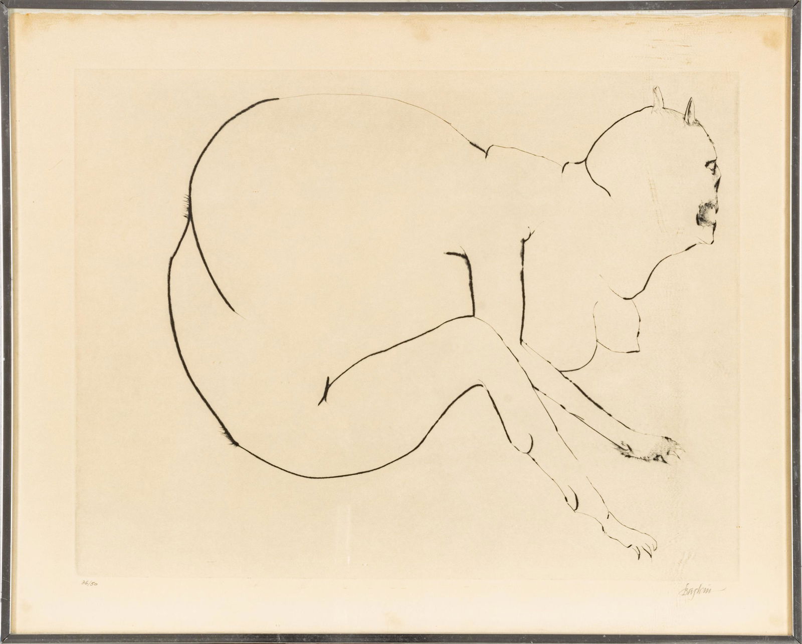 LEONARD BASKIN, 1922 - 20, DRYPOINT ETCHING ON WOVE PAPER, H 19.5", W 25.5", AMORPHOUS NUDE: LEONARD BASKIN, 1922 - 20, DRYPOINT ETCHING ON WOVE PAPER, H 19.5", W 25.5", AMORPHOUS NUDE Artist's signature and edition number (36/50) to the lower margins in pencil. Frame measures H 24.5" x L 30.