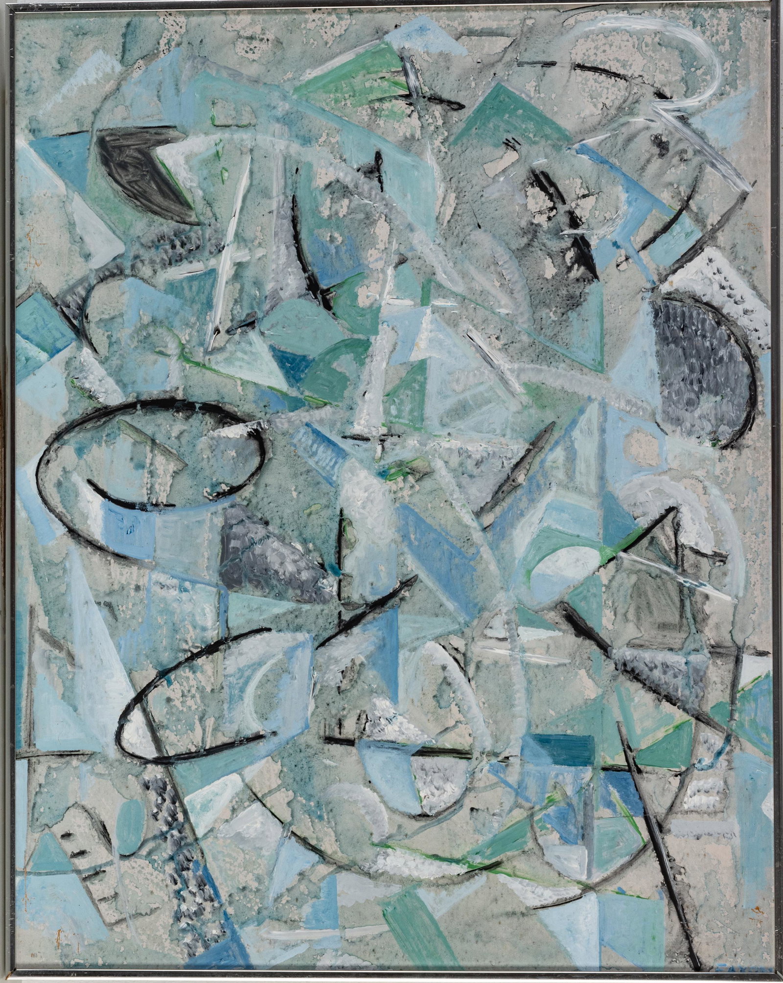 JACK FAXON (AMERICAN, 1936-2020), ACRYLIC ON MASONITE, BLUE AND BLACK ABSTRACT: JACK FAXON (AMERICAN, 1936-2020), ACRYLIC ON MASONITE, BLUE AND BLACK ABSTRACT Signed lower right. Metal Frame H 31", W 25".