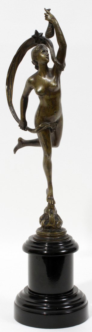 BRONZE SCULPTURE, H 11", 15" OVERALL, VENUS: BRONZE SCULPTURE, H 11", 15" OVERALL, DANCING VENUS:depicts a nude dancing Venus sculpture with a star on her head, holding a cloth bag possibly of coins and a flowing cloth. Mounted on a black marble