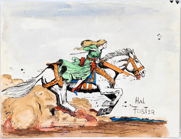 HAL FOSTER WATERCOLOR & INK, 6" X 8", 'ALETA,: HAL FOSTER (AMERICAN, 1892-1982), WATERCOLOR & INK, 6" X 8", 'ALETA, VALIANT'S WIFE, ON HORSEBACK':circa 1940's, from creator of comic strip Prince Valiant, 6 1/4" x 8"; depicting Aleta, Prince Valian