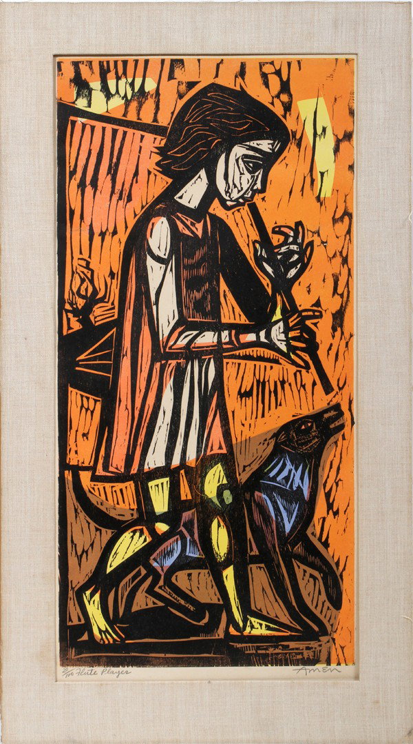 IRVING AMEN COLOR LITHO 30" X 14", FLUTE PLAYER: IRVING AMEN (AMERICAN, 1918), COLOR LITHOGRAPH, 30" X 14", 'FLUTE PLAYER':Done in flesh tone, orange, yellow, black and blue and depicting a man playing a flute with an animal at his feet. Matted but 