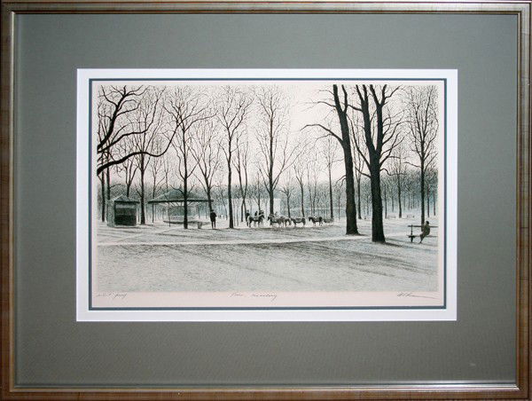 HAROLD ALTMAN, ARTIST PROOF LITHOGRAPH, 1979: HAROLD ALTMAN, ARTIST PROOF LITHOGRAPH, 1979, 12" X 18", 'PONIES LUXEMBOURG':Signed lower right and titled in pencil, artist proof. Matted, under glass and framed. Purchased from Merrill Chase.