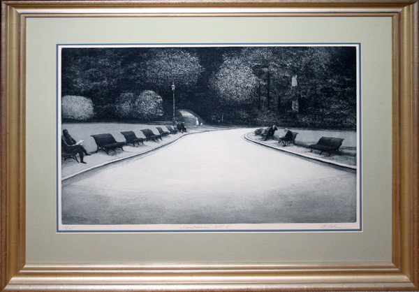 HAROLD ALTMAN, LITHOGRAPH, 14/65, 17 1/2" X 26": HAROLD ALTMAN, LITHOGRAPH, 14/65, 17 1/2" X 26", 'MONTSOURIS 1975 II':Signed lower right and titled in pencil; matted under glass and framed.